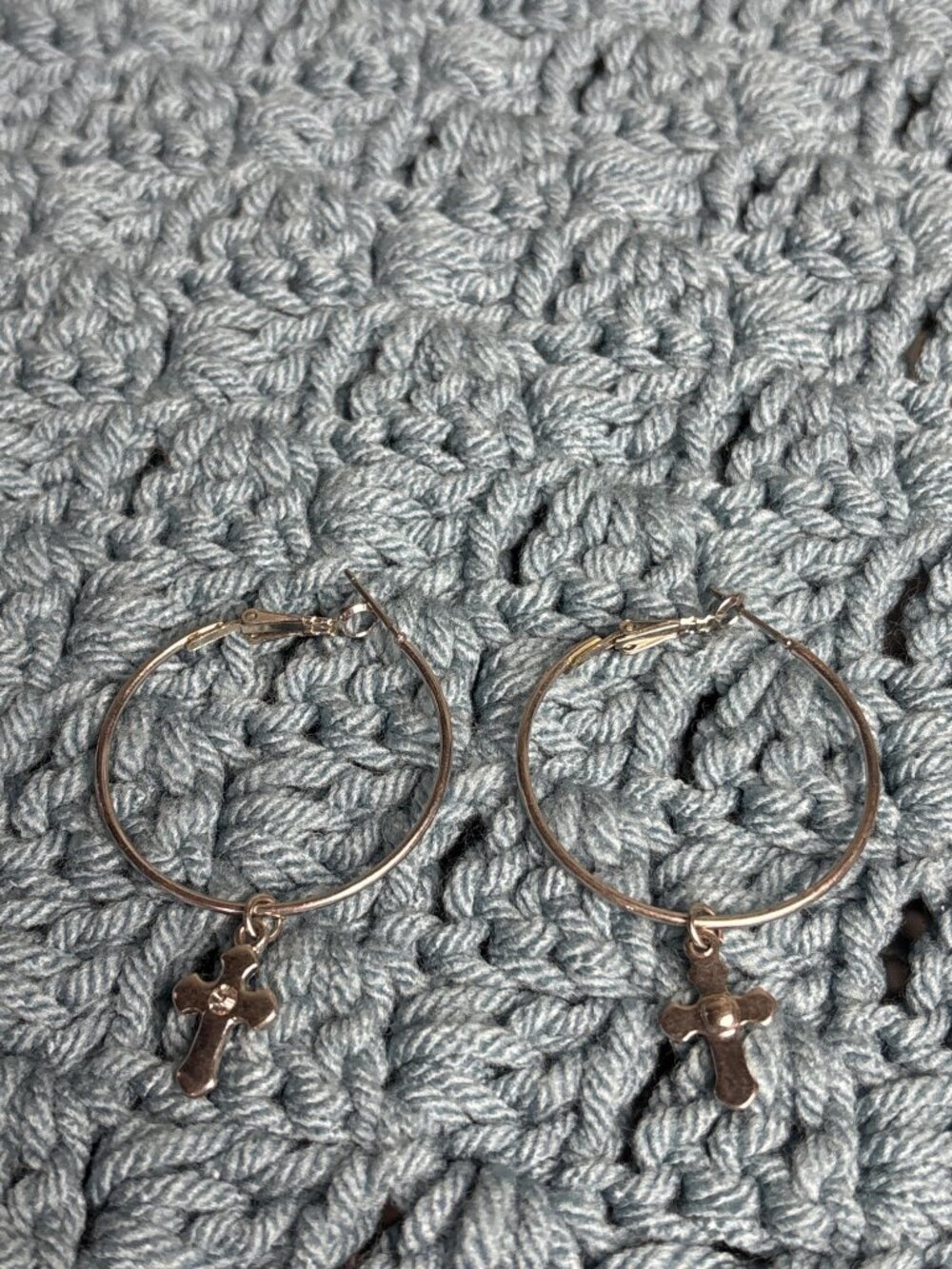 Silvertone Hoop Earrings Cross Dangle Clear Rhinestone 2.25 inches